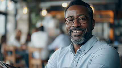 Wall Mural - A man with glasses is smiling and posing for a picture. He is wearing a blue shirt and he is happy