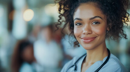 Wall Mural - A woman with curly hair is smiling and wearing a white coat. She is a nurse. Concept of warmth and friendliness