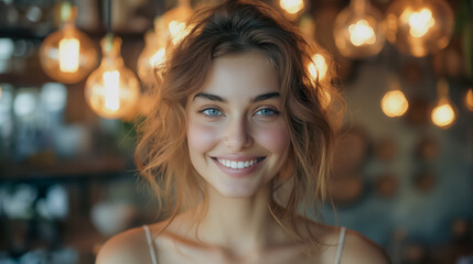 Sticker - A woman with blonde hair and blue eyes is smiling. She is wearing a white tank top and is standing in front of a wall with lights