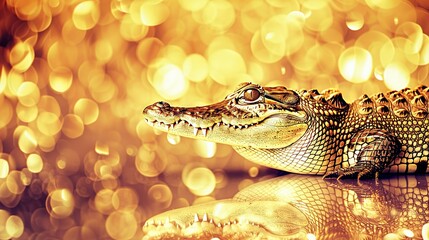 Poster -   A close-up of a crocodile on a reflective surface with a blurred background of lights