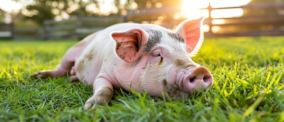 Poster -   A pig resting on a verdant field beside a field of green grass and a fence