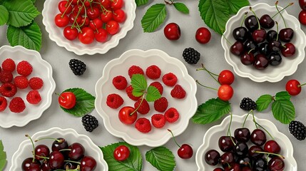 Poster -   A plate holding bowled cherries with cherries beside blackberries and raspberries