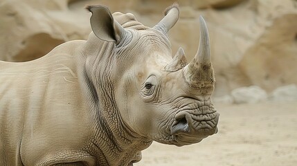 Wall Mural -   A Rhino's Close-Up with Large Rocks and Rock Wall Background