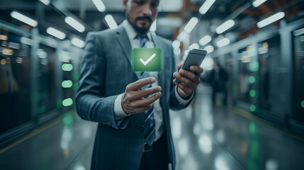 Wall Mural - A business executive checking a smartphone with a green check mark, denoting positive financial results, in a high-tech office space