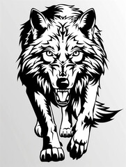 Wall Mural - A wolf with its mouth open and teeth bared. The wolf is running and has a fierce look on its face