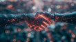 © CreativeIMGIdeas - Business concept of robots shaking hands on a digital background with glowing dots and lines, emphasizing technology network connection