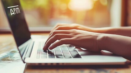 hands tapping a laptop keyboard, working on affiliate marketing strategies, with affiliate text subt