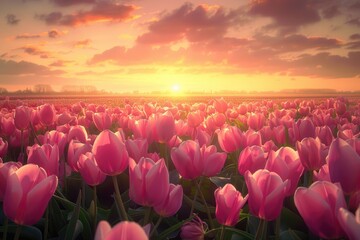 Sticker - Tulips in bloom against a vibrant orange sunset sky, great for travel or lifestyle images