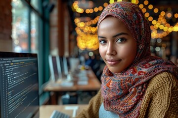 Muslim engineer working on a computer