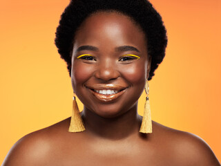 Wall Mural - Portrait, black woman and makeup in studio, glamour and eyeshadow on yellow background. Haircare, mockup and cosmetics for beauty and happy female person, face and skincare for glow and treatment