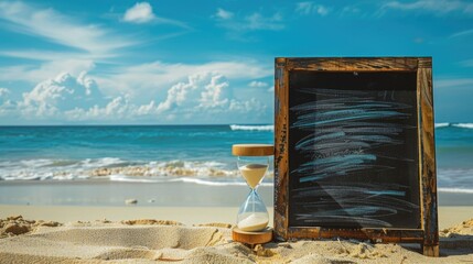 Wall Mural - Vintage inspired journey concept with chalkboard and hourglass image against beach backdrop