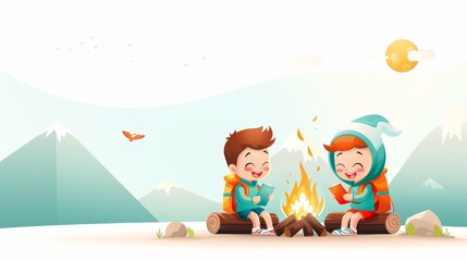 Wall Mural - Fun Learning at Summer Campfire - Children Engaged in Educational Session, Flat Design Illustration