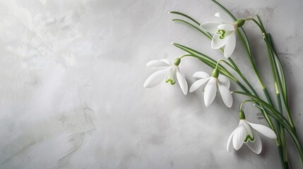 Wall Mural - Spring flowers snowdrops on light gray background closeup