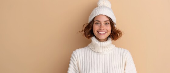 Stylish woman in white turtleneck sweater smiling against beige wall.