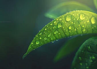 Wall Mural - close up of water drops on green leaf, abstract background. nature concept. banner with copy space. 