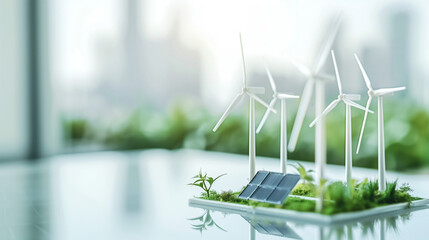 Close-up of an office desk with a model of windmills and miniature solar panels. Renewable energy concept, solar energy, wind energy, sustainable and ecological. Copy space, blurred background.