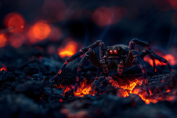 Close-up of a spider with glowing eyes crawling over a surface with red and orange lighting, creating a glowing effect in a dark environment.