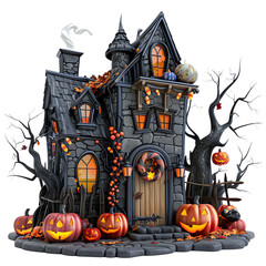 Spooky haunted house with pumpkins and ghosts for Halloween. Eerie atmosphere with dark trees and carved pumpkins.