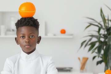 trendy portrait of young african american boy balancing orange on head