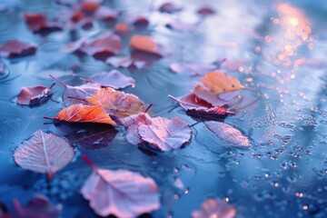 Canvas Print - A close-up shot of a bunch of leaves on a wet surface, perfect for use in environmental or nature-themed contexts