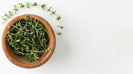 Wall Mural - Thyme sprigs in a wooden bowl on a white backdrop with space for text