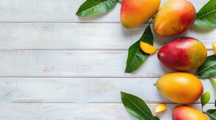 Top view of ripe mango on white wooden table with free space for text ideal for presentations