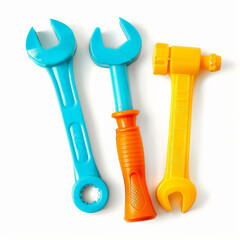 A set of plastic toy tools including a hammer, screwdriver, and wrench, isolated on white background.