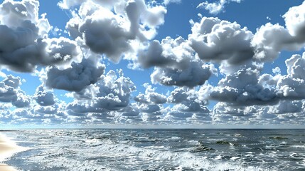 Wall Mural -   A vast expanse of water, dotted with cloudy skies, and a surfboard positioned prominently on the sandy shore