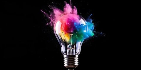 Wall Mural - a colorful light bulb bursting with creativity against a black backdrop. concept creativity, colorfu