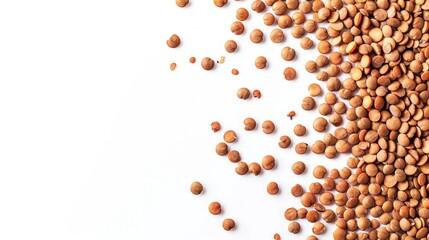 Wall Mural - Raw brown lentils on white background with empty space seen from above