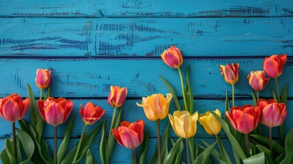 Wall Mural - Tulips on blue wooden backdrop with space indicates spring arrival