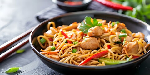 Sticker - Stirfried lo mein noodles with chicken and veggies a delicious Asian dish. Concept Asian Cuisine, Stir-fry Recipes, Noodle Dishes, Chicken Recipes, Vegetable Stir-fry