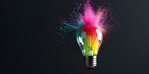 Wall Mural - colorful light bulb bursting with creativity against a black background inspiring innovation. concep