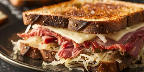 Wall Mural - Detailed image of hot Reuben sandwich with corned beef sauerkraut and cheese. Concept Food Photography, Savory Sandwiches, Gourmet Ingredients, Delicious Flavor, Culinary Creations