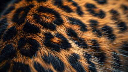 A close up of leopard fur texture, showcasing the intricate pattern and rich colors of its coat. on highlighting details like individual spots or patterns within each hair strand.