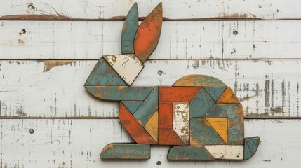 Wall Mural - Tangram rabbit puzzle on aged white wooden backdrop