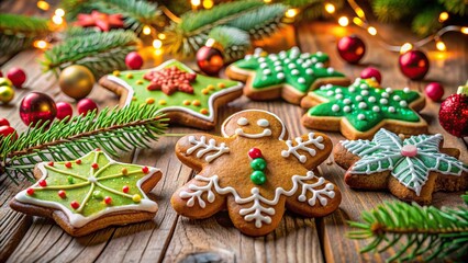 Poster - Colorful festive scene featuring decorated Christmas gingerbread cookies with icing and sprinkles on a rustic wooden table with a blurred background.