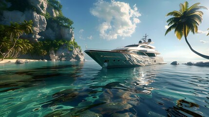 Wall Mural - A luxury yacht sailing on crystal clear waters, with a tropical island's lush coastline in the distance. The yacht's design is sophisticated and streamlined.