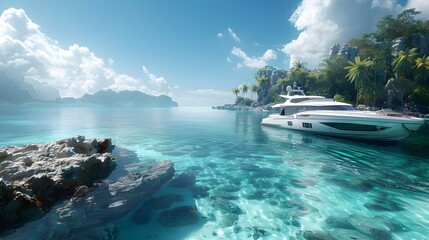 Wall Mural - A luxury yacht sailing on crystal clear waters, with a tropical island's lush coastline in the distance. The yacht's design is sophisticated and streamlined.