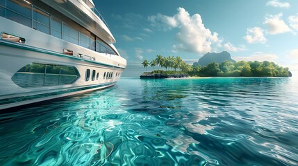 Wall Mural - A luxury yacht sailing on crystal clear waters, with a tropical island's lush coastline in the distance. The yacht's design is sophisticated and streamlined.