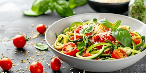 Wall Mural - Colorful zucchini noodles with homemade marinara cherry tomatoes spinach and Parmesan. Concept Vegetarian Recipe, Healthy Pasta Dish, Homemade Marinara Sauce