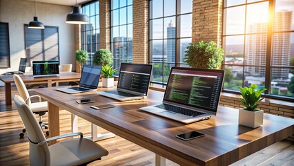 Modern computer monitors and laptops displaying coding screens surround a large wooden table in a sleek, minimalist office, symbolizing collaborative app development and innovation.