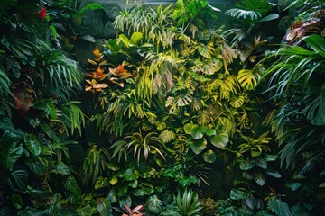 Poster - A lush green wall filled with various plants and foliage