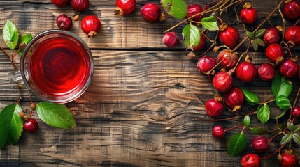 Red dog rose and rosehip berries on wooden table closeup view vitamin drink top view