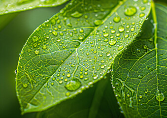 Wall Mural - green leaf with water drops close up. abstract nature background, green banner. eco concept