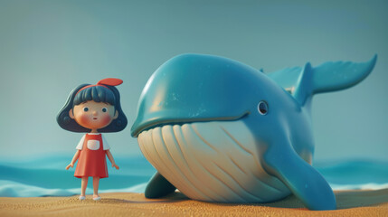 Wall Mural - A little girl standing next to a big blue whale