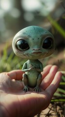 Canvas Print - A small green alien sitting on top of a person's hand