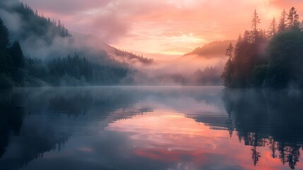 Wall Mural - A serene mountain lake at dawn, with mist hovering over the water's surface, surrounded by towering pines. a natural landscape, the mountain meets the stillness of the lake.