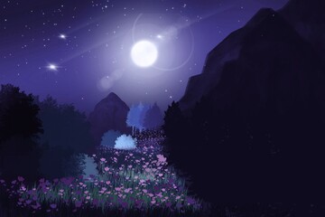 Wall Mural - night landscape with moon