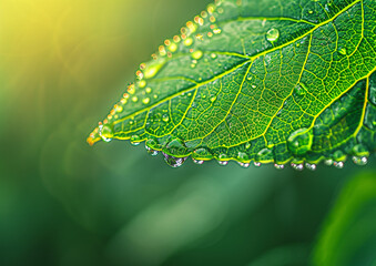 Wall Mural - green leaf with water drops close up. abstract nature background, green banner. eco concept